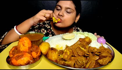 Spicy mutton & mutton fat curry, spicy egg curry and rice eating show