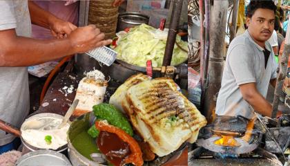 Hard Working Man Selling Bombay Style Cheese Sandwich  Cheese Masala Toast Sandwich  Street Food