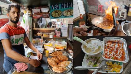 Hard Working Man Selling Veg Pan Fried Momo  Unique Style Making Gravy Momos in Street of India