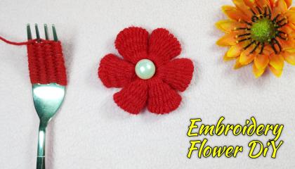 Hand embroidery Amazing Trick - Wow Easy Red Flower Embroidery Trick With Fork