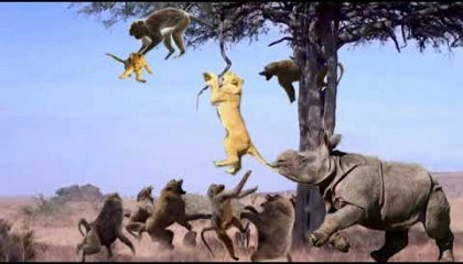 Lion Climb A Tree To Catch Baboon To Save Baby - Buffalo Save Baby From Lion, El