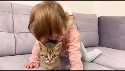 Cute Baby Meets New Baby Kitten for the First Time!