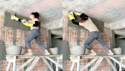 Young girl with great cement mortar skills-Great engineering in construction PAR