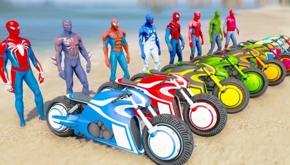 SPIDERMAN Bikes Racing Challenge on HIGH Rampa ! SUPERHERO HULK Iron Man Goku