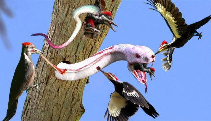Incredible! Woodpecker Faces Unique Snake To Protect Her Baby Birds From The
